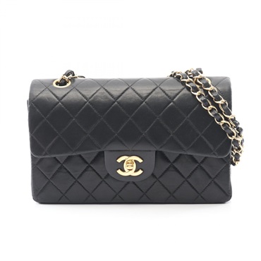 CHANEL Matelasse W flap Chain Shoulder Bag A01113 Lamb sheep leather Black Used
