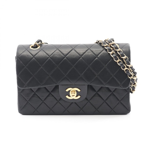 CHANEL Matelasse W flap Chain Shoulder Bag A01113 Lamb sheep leather Black Used