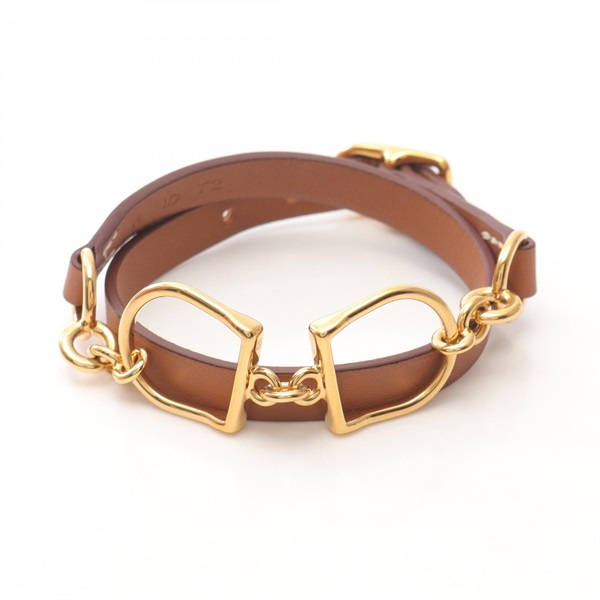 HERMES Etrier Double Tour Gold Bracelet Swift leather GP Brown Used Women