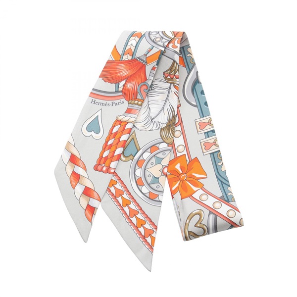 HERMES Twilly HARNAIS DE COEUR Scarf silk Gray Orange Multicolor Used Women