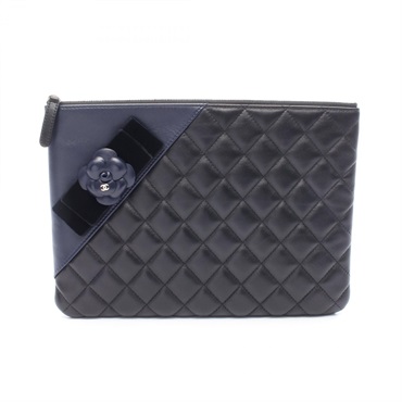 CHANEL Camellia Matelasse business clutch bag pouch leather Black Navy Used GHW