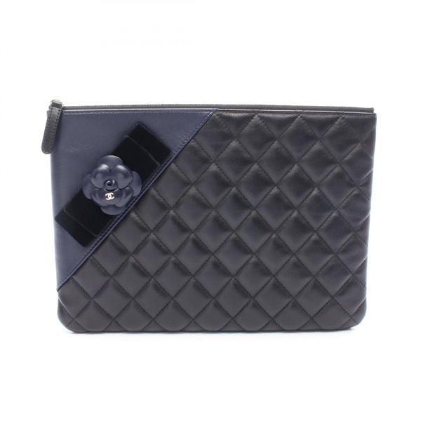 CHANEL Camellia Matelasse business clutch bag pouch leather Black Navy Used GHW