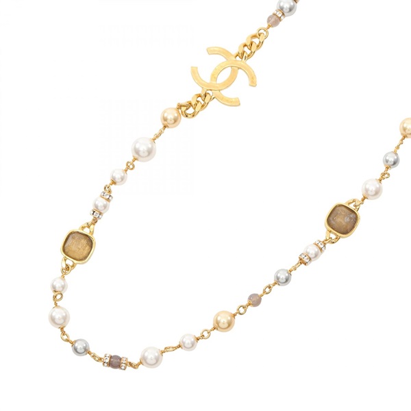 CHANEL COCO Mark Long Necklace Gold Plated Artificial pearl rhinestone Used CC