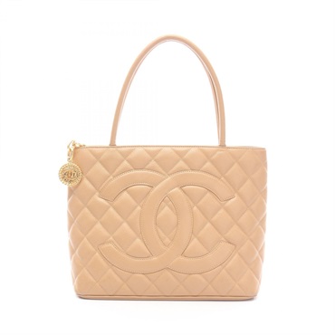 CHANEL Medallion Tote hand Bag A01804 Calf leather Beige Used Women GHW CC Coco