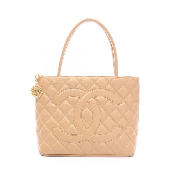 CHANEL Medallion Tote hand Bag A01804 Calf leather Beige Used Women GHW CC Coco