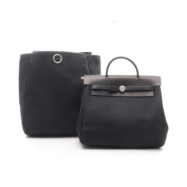 HERMES Herbag A Dos PM Rucksack Backpack C Toile H canvas leather Black SHW Used