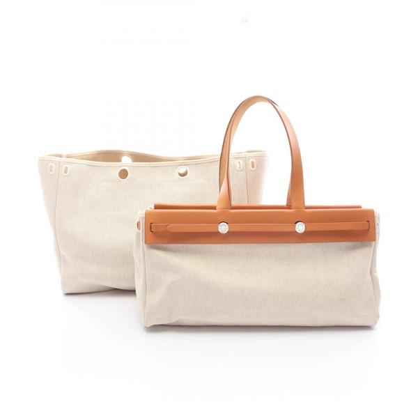 HERMES Herbag Cabas GM Tote Bag F Toile H Hunter Brown Natural Used SHW