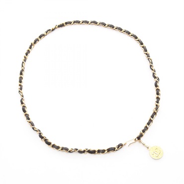 CHANEL COCO Mark Chain belt ceinture 97cm leather Gold Plated Black Used Women