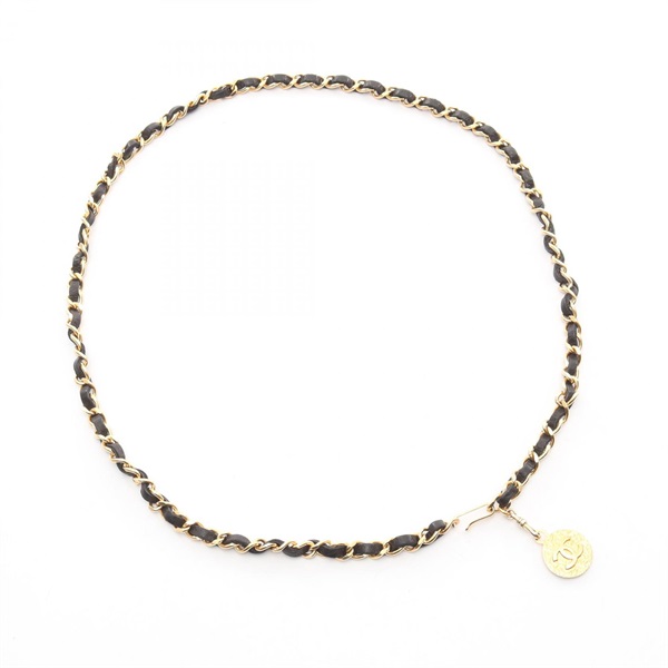 CHANEL COCO Mark Chain belt ceinture 97cm leather Gold Plated Black Used Women