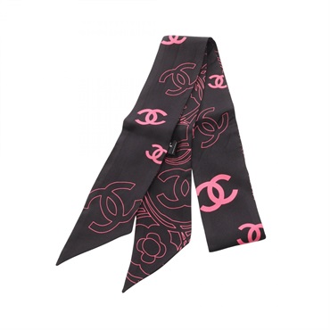 CHANEL COCO Mark tie Scarf wrap silk Black Pink Used Women CC