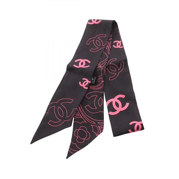 CHANEL COCO Mark tie Scarf wrap silk Black Pink Used Women CC