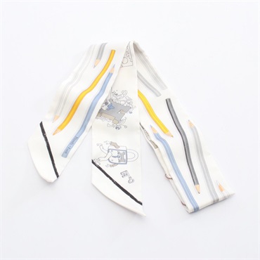HERMES Twilly A VOS CRAYONS ribbon Scarf stole wrap foulard silk soie White