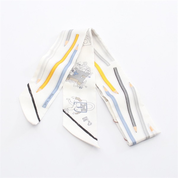 HERMES Twilly A VOS CRAYONS ribbon Scarf stole wrap foulard silk soie White