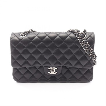 CHANEL Matelasse W flap chain Shoulder Bag Lambskin leather Black Used Women SHW