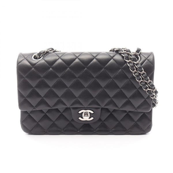 CHANEL Matelasse W flap chain Shoulder Bag Lambskin leather Black Used Women SHW