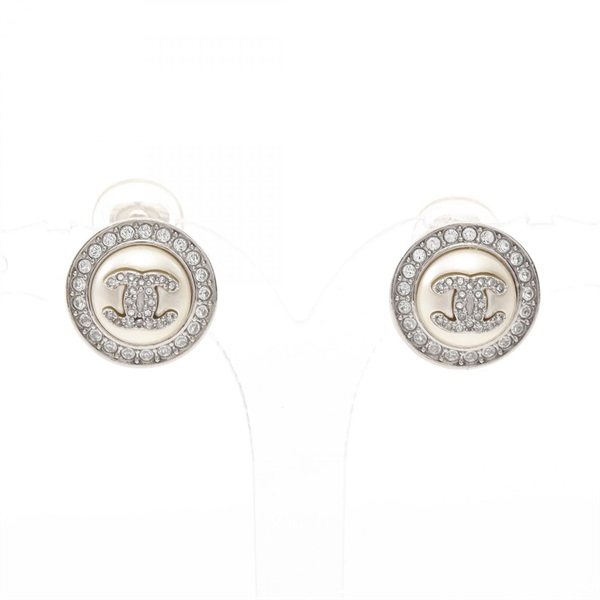 CHANEL COCO Mark clip Earring Stainless Steel Artificial pearl rhinestone used