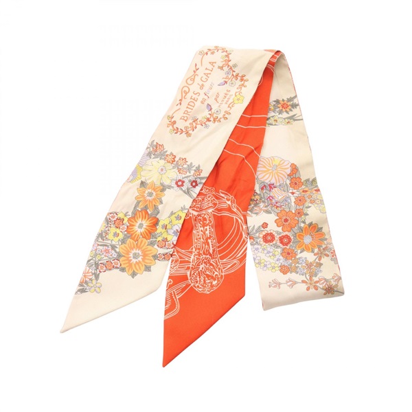 HERMES Twilly BRIDES de GALA en fleurs Scarf wrap foulard silk Beige Red Used