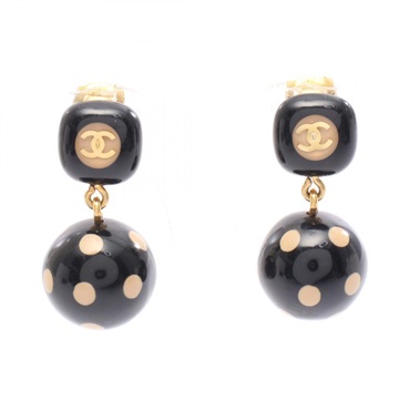 CHANEL COCO Mark clip Earring Gold Plated Plastic Black Beige Used