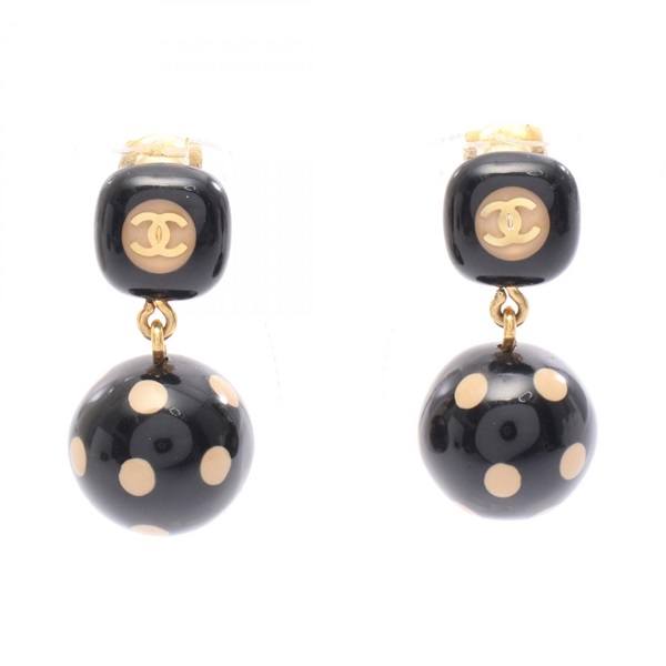 CHANEL COCO Mark clip Earring Gold Plated Plastic Black Beige Used
