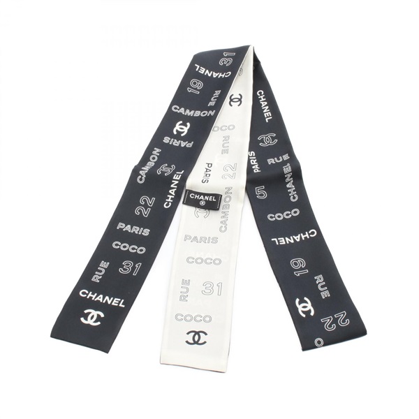 CHANEL COCO Mark Scarf stole wrap UA2 JULP4 silk Black White Used Women CC