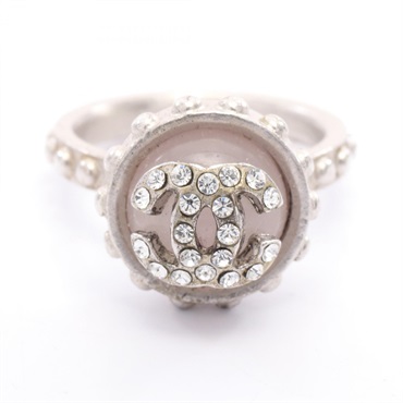 CHANEL COCO Mark Ring Stainless Steel Rhinestone Pink Used #JPSize 12.5 CC Logo