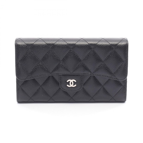 CHANEL Matelasse Tri-fold long wallet A31506 leather Black Used Women SHW