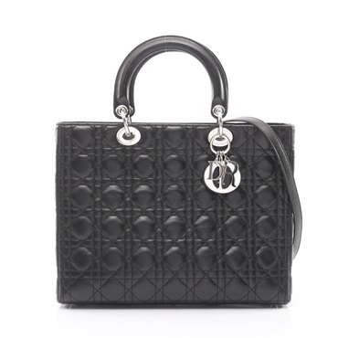 Dior Lady Dior Large Shoulder Handbag Lamb skin sheep leather Black Used Women
