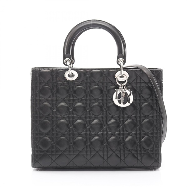 Dior Lady Dior Large Shoulder Handbag Lamb skin sheep leather Black Used Women