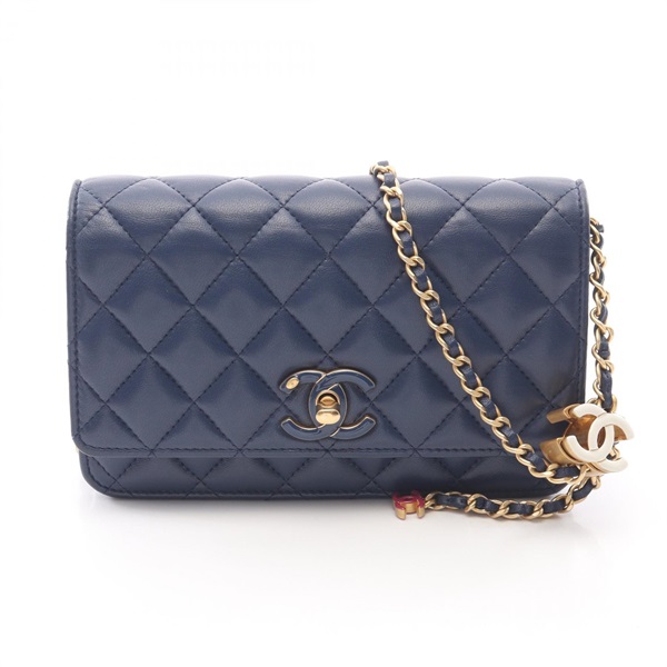 CHANEL Matelasse Chain Shoulder Bag Lambskin sheep leather Blue Used Women GHW