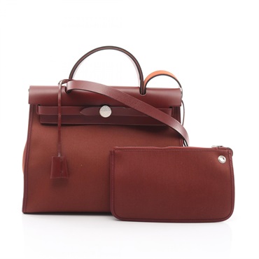 HERMES Herbag Zip PM Shoulder Handbag Toile Military Vache hunter Brown Used D