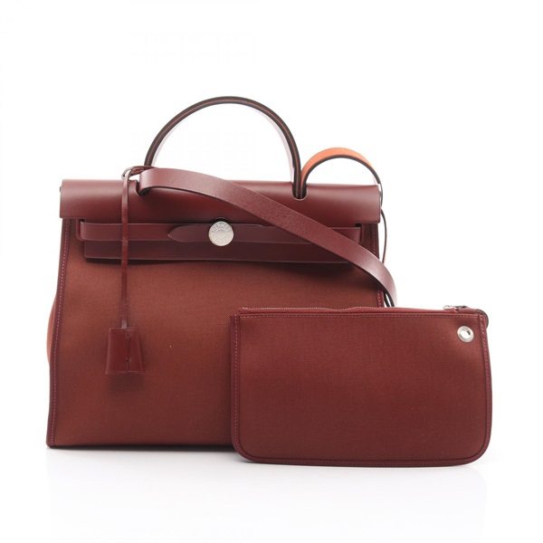 HERMES Herbag Zip PM Shoulder Handbag Toile Military Vache hunter Brown Used D