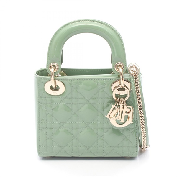 Dior Lady Dior Mini Shoulder Handbag Crossbody Patent leather Green Used Women