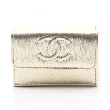 CHANEL COCO Mark Tri-fold wallet Calfskin Gold Used Women CC