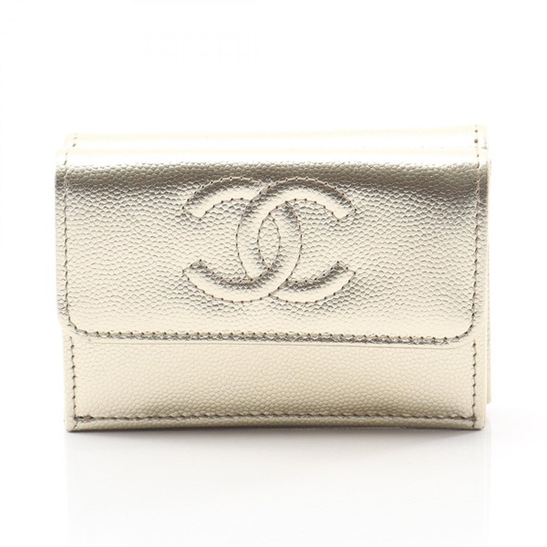 CHANEL COCO Mark Tri-fold wallet Calfskin Gold Used Women CC