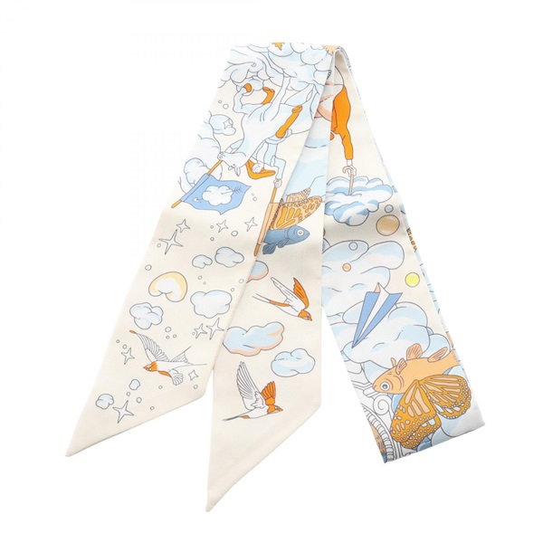 HERMES Twilly SUR MON NUAGE Scarf silk Beige Blue White Multicolor Used Women