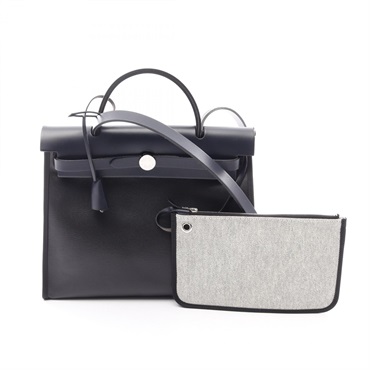 HERMES HerBag Zip PM Shoulder Handbag Toile H Berline canvas leather Black used