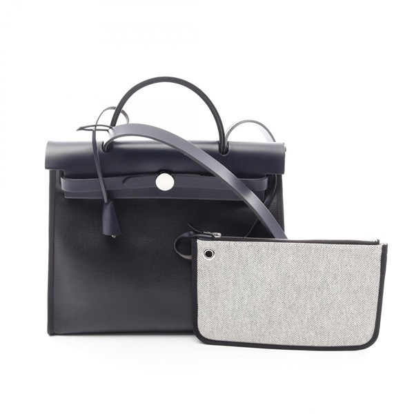 HERMES HerBag Zip PM Shoulder Handbag Toile H Berline canvas leather Black used
