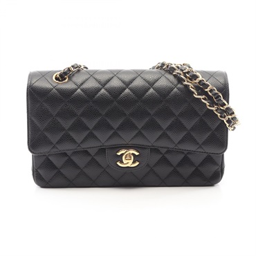 CHANEL Matelasse W flap Chain Shoulder Bag Grained calf leather Black Used GHW