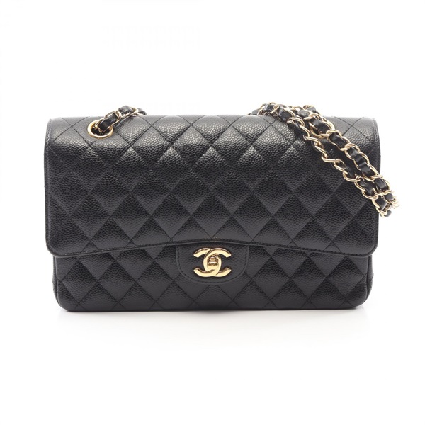 CHANEL Matelasse W flap Chain Shoulder Bag Grained calf leather Black Used GHW