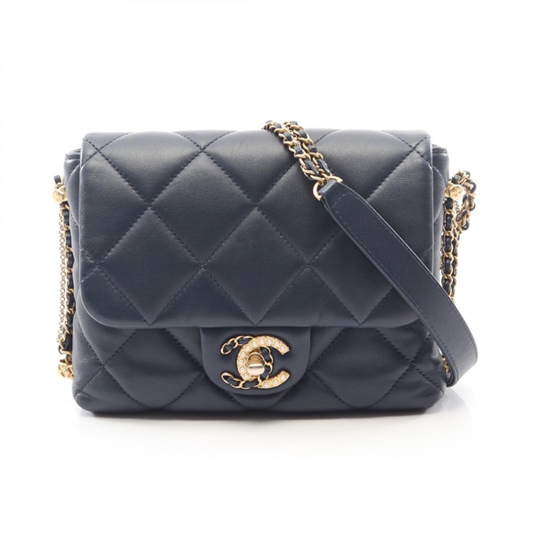 CHANEL 19 dix-neuf Matelasse Chain Shoulder Bag Lamb sheep leather Navy Used GHW