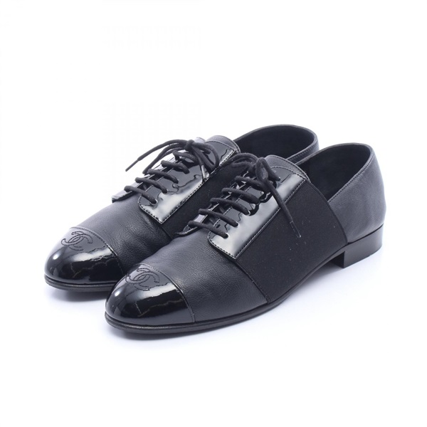 CHANEL COCO Mark Loafers Shoes #37 leather Patent leather Black Used Women CC