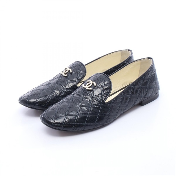 CHANEL COCO Mark Loafers Shoes #37 1/2 Patent leather Black Used Women CC