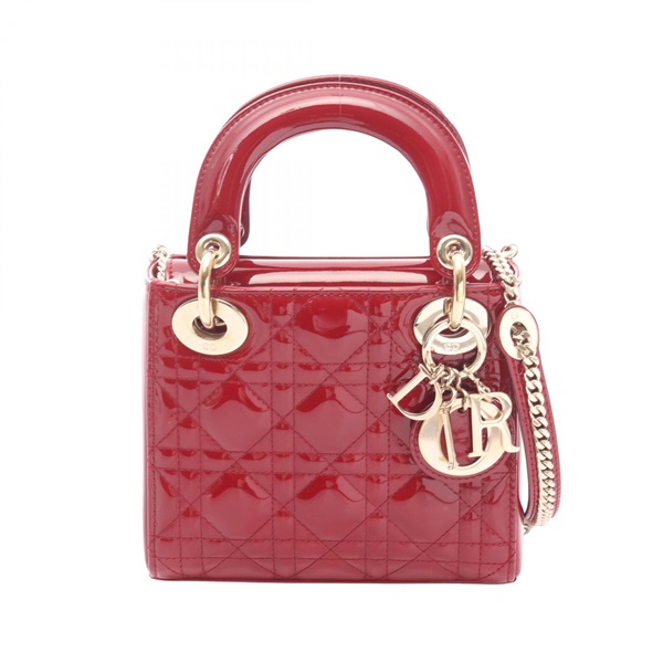 Dior Lady Dior Mini Cannage Shoulder Handbag Patent leather Red Used Women GHW