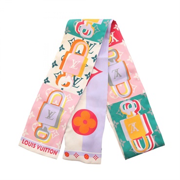 LOUIS VUITTON Bandeau LV Unlock Ribbon Scarf Wrap silk Purple Beige Used LV
