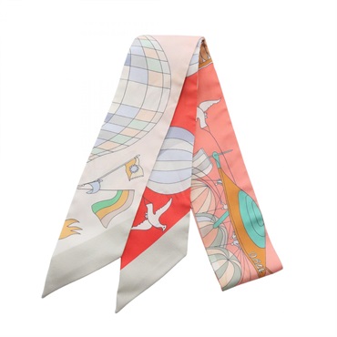 HERMES Twilly Les Folies du Ciel Ribbon Scarf silk Pink Multicolor Used Women