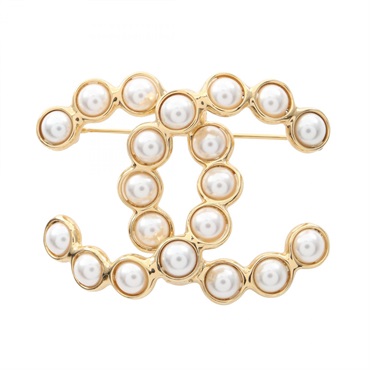 CHANEL COCO Mark Brooch Gold Plated Artificial pearl White Used Women CC