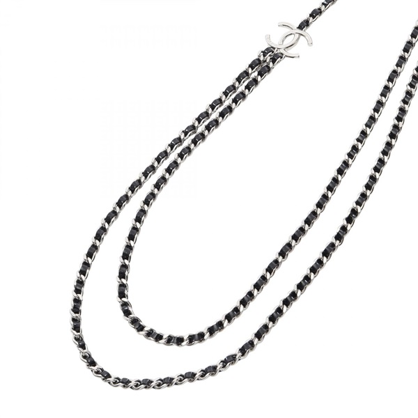 CHANEL COCO Mark Double-layer Chain Long Necklace SS Enamel leather Used Women