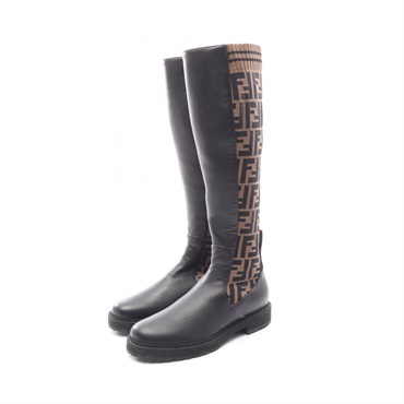 FENDI Zucca Long Boots Shoes #35 leather Fabric Beige Black Used Women FF