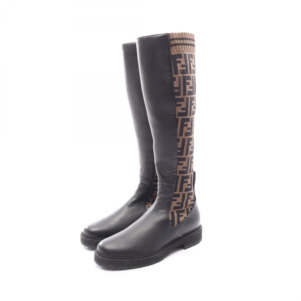 FENDI Zucca Long Boots Shoes #35 leather Fabric Beige Black Used Women FF