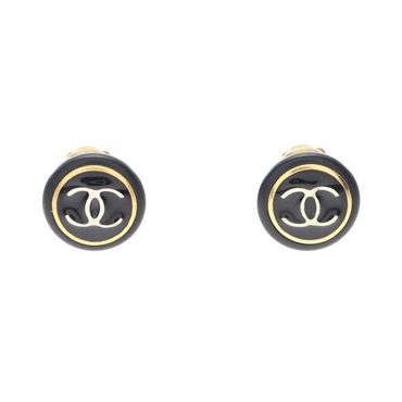 CHANEL COCO Mark Round clip Earring Gold Plated Plastic Black Used Women CC